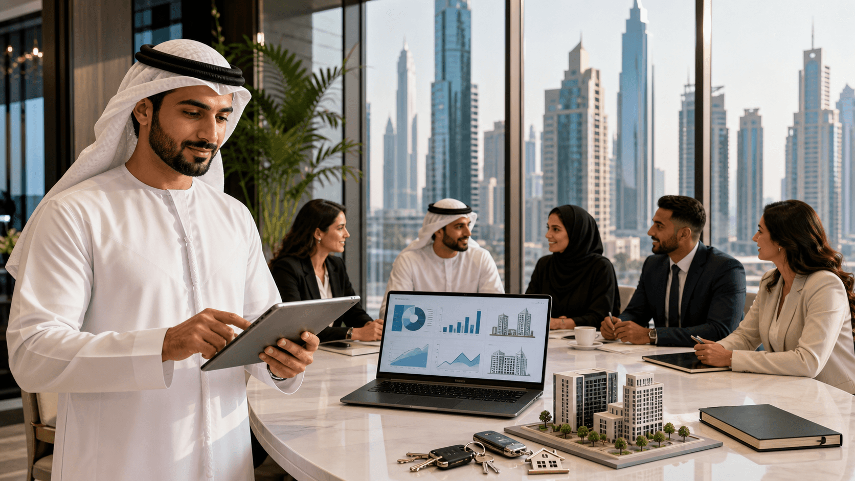 Modern UAE skyline beside a glowing ERP dashboard with blue charts, financial graphs, and digital connection lines.
