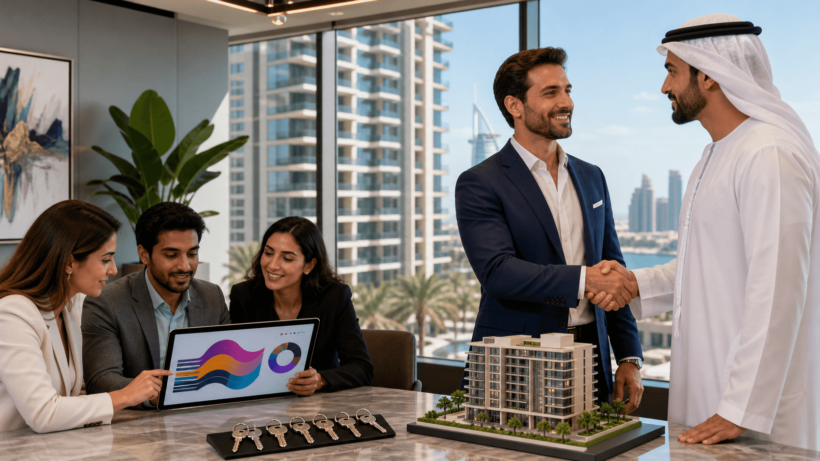 Modern Dubai skyline beside a laptop showing financial charts, in warm golden evening light.