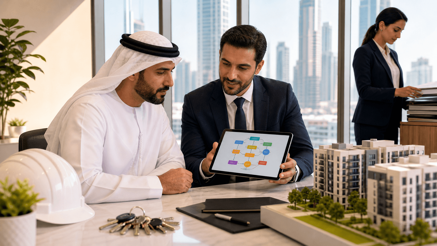 Dubai skyline behind a desk with a laptop showing lease documents and warning icons in warm golden light.