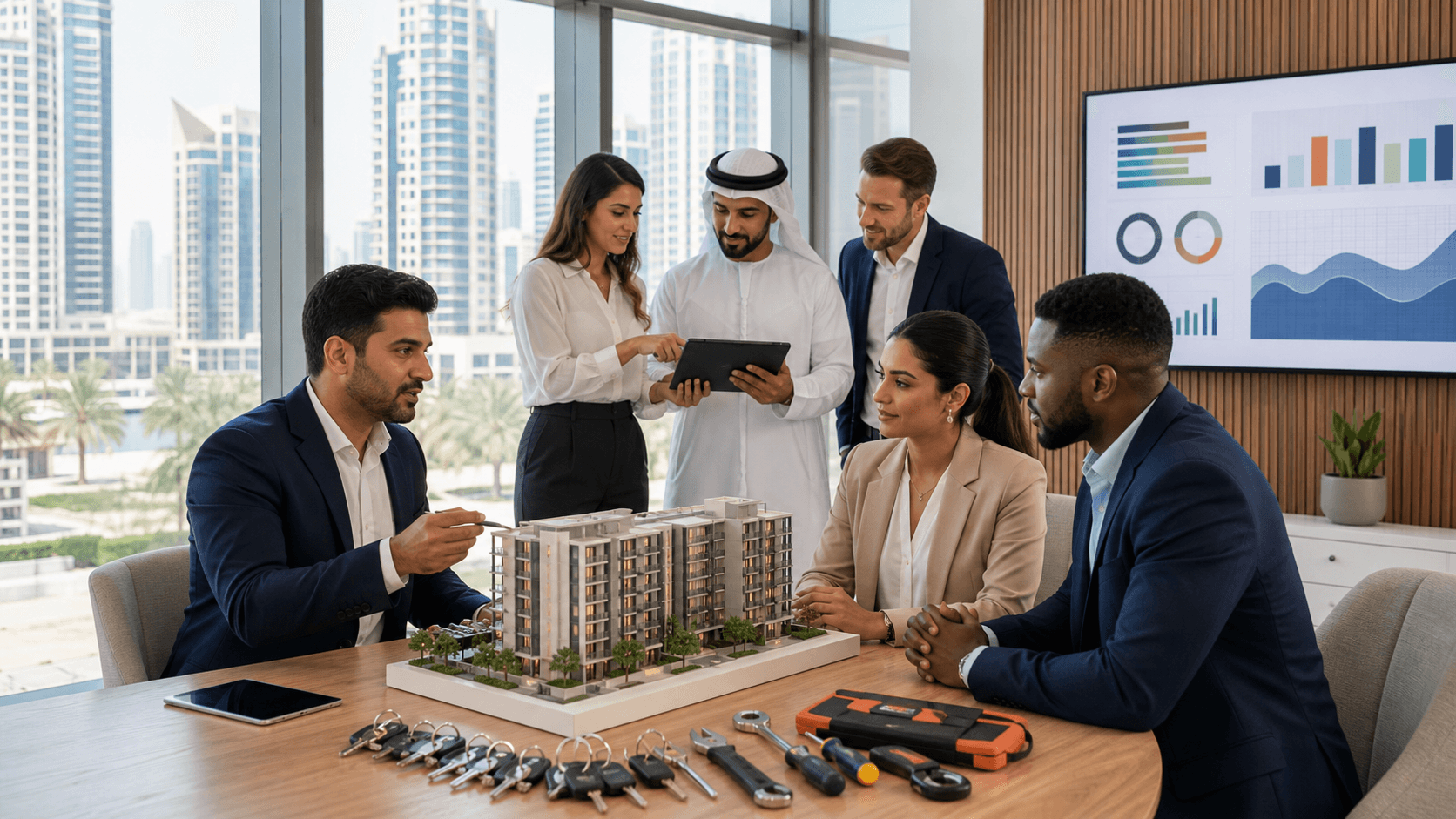 Modern Dubai skyline beside translucent blue data charts and a glowing tablet on a dark desk.