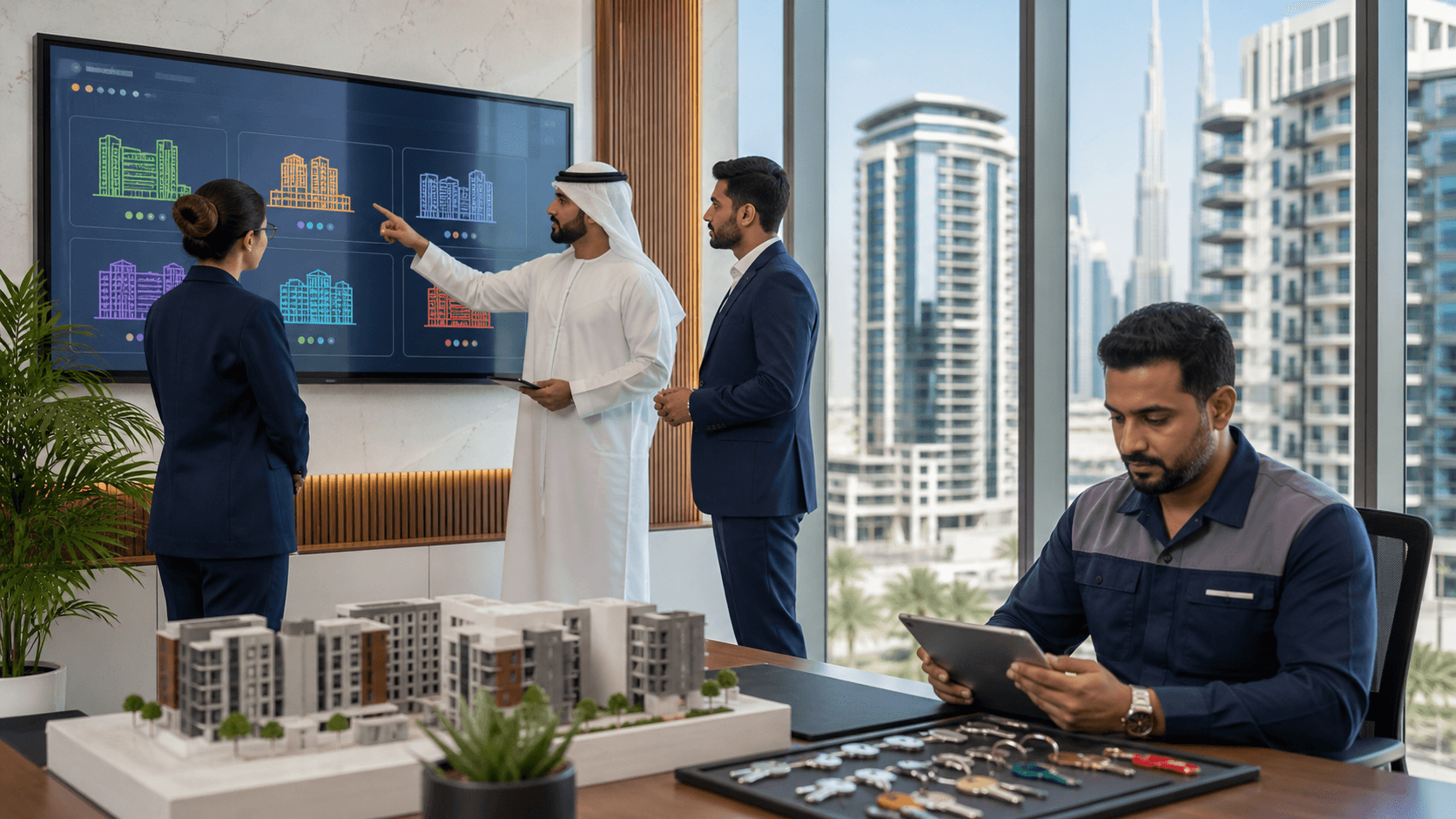 Modern Dubai skyline beside a laptop dashboard with blue compliance icons and warm office lighting.