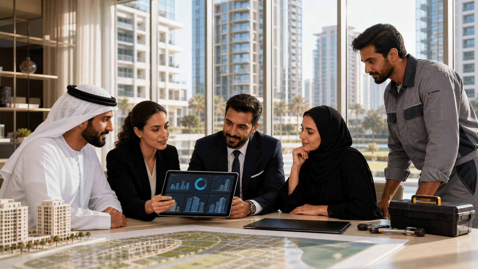 Modern UAE skyline beside a laptop showing property analytics, with warm gold and blue tones.