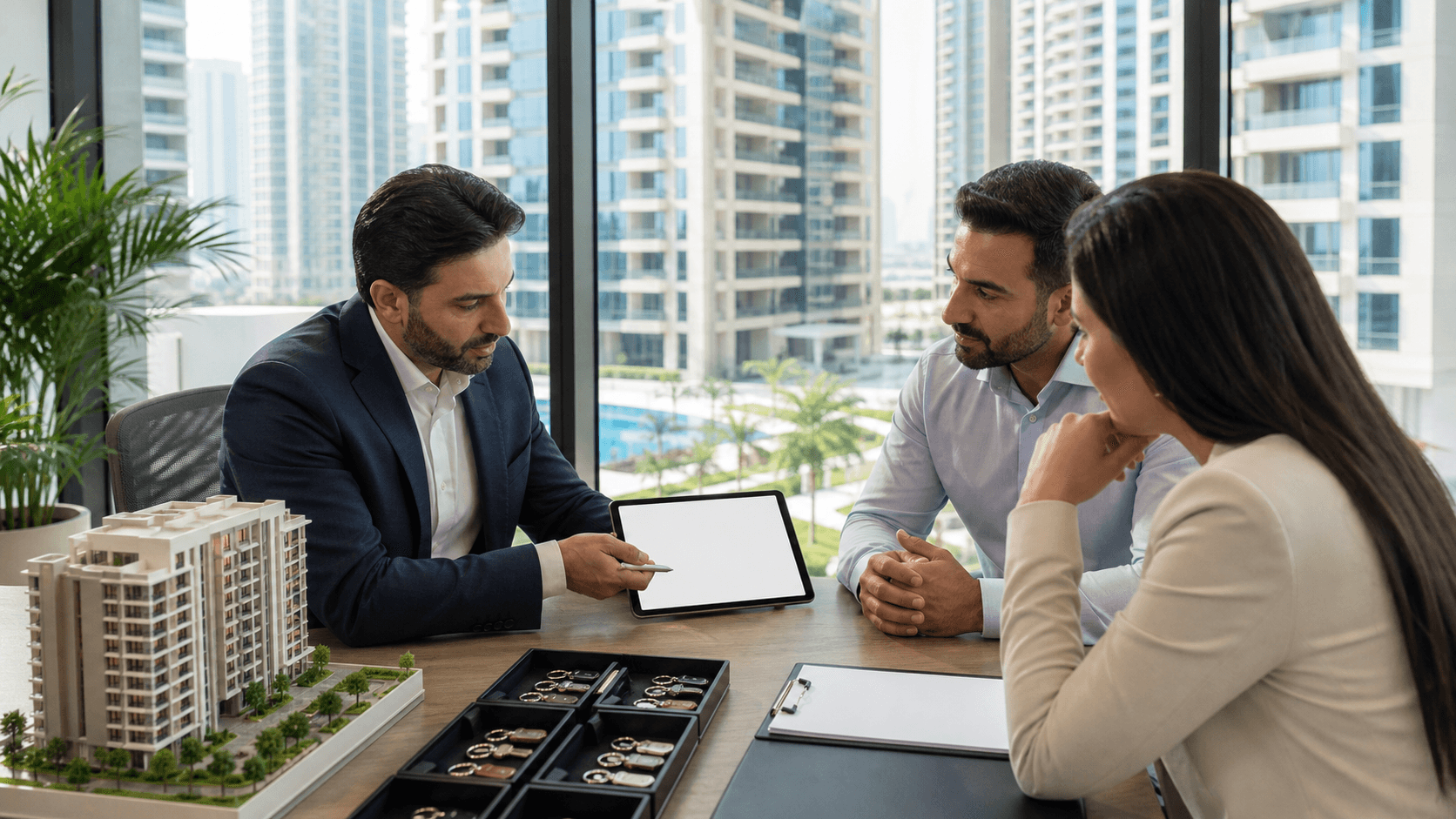Modern Dubai skyline overlaid with glowing blue CRM dashboard icons and connected property data lines.