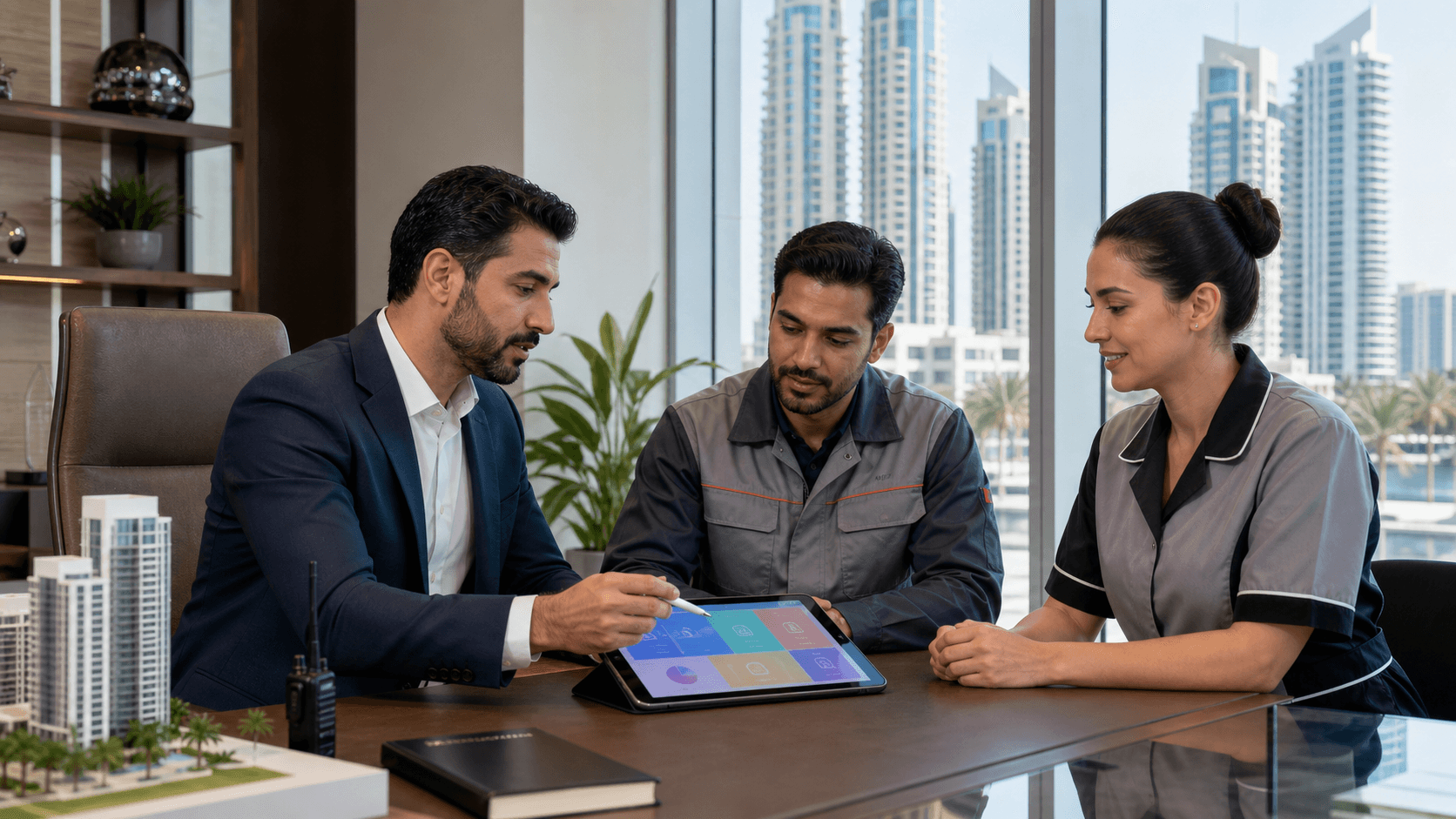 Futuristic blue dashboard interface connecting building icons, vendor symbols, and a Dubai skyline.