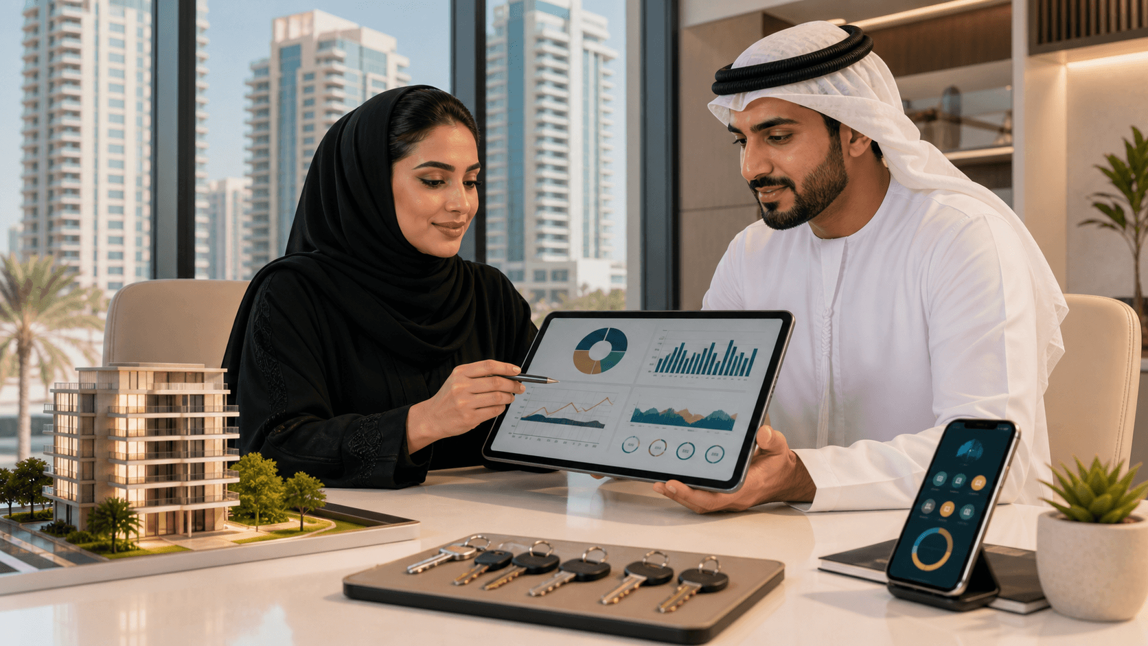 Gold key beside a tablet displaying financial charts, set against a blue UAE skyline at dusk.