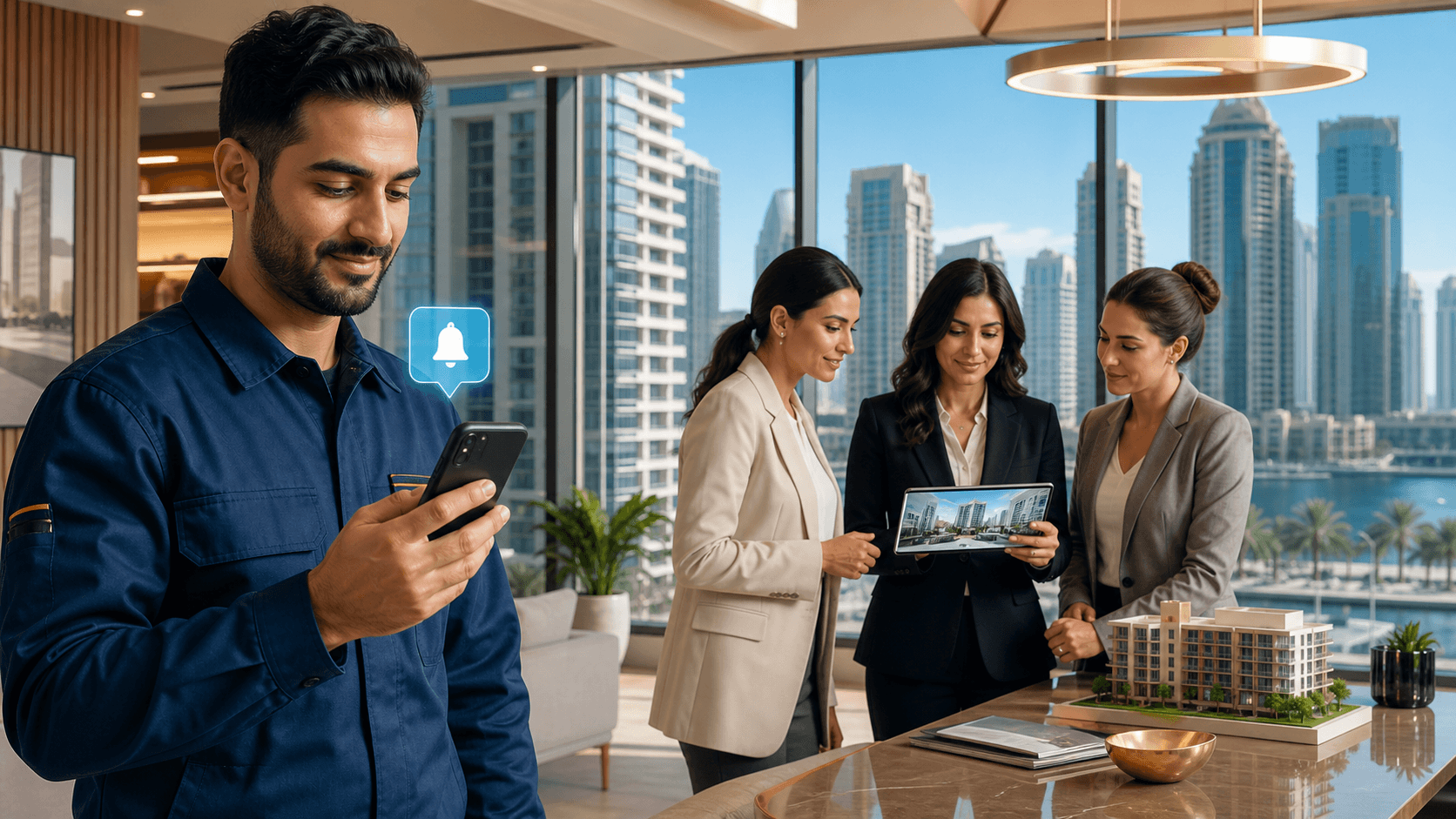 Dubai skyline reflected on a laptop screen beside property charts and a modern office desk.