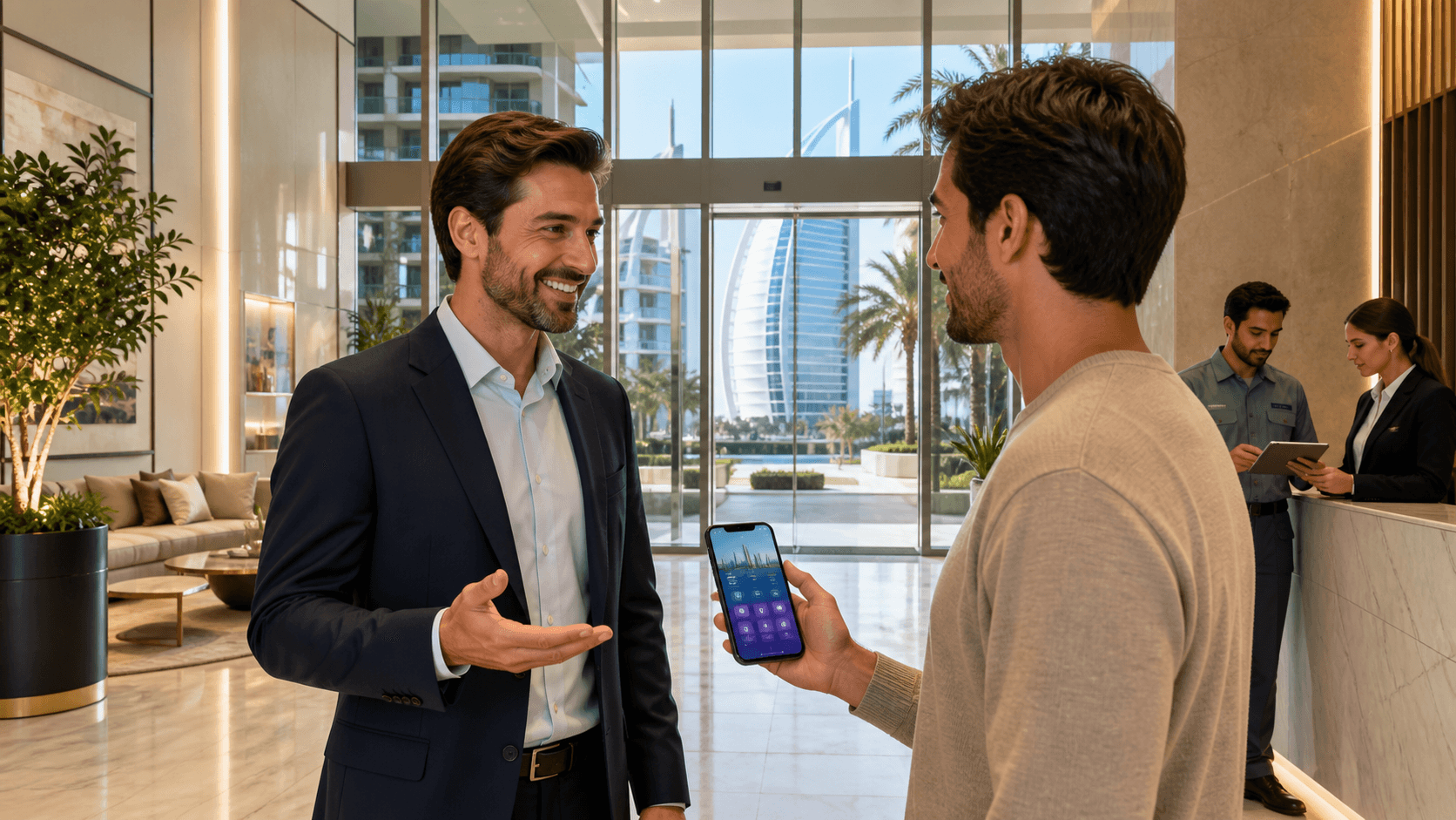 Modern Dubai skyline beside a glowing laptop displaying a tenant portal dashboard in blue and gold tones.